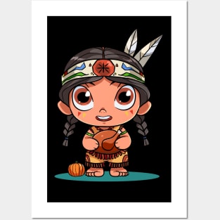 Funny Thanksgiving Native American Girl Pumpkin Turkey Posters and Art